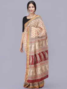 Beige Maroon Black Bagh Printed Maheshwari Cotton Saree - S031704179