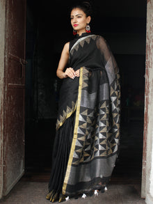 Black Golden Silver Handwoven Linen Jamdani Saree With Temple Border & Tassels - S031704017