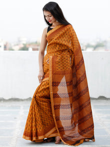 Rust Orange Maroon Black Bagh Hand Block Printed Maheswari Silk Saree With Resham Border - S031703844