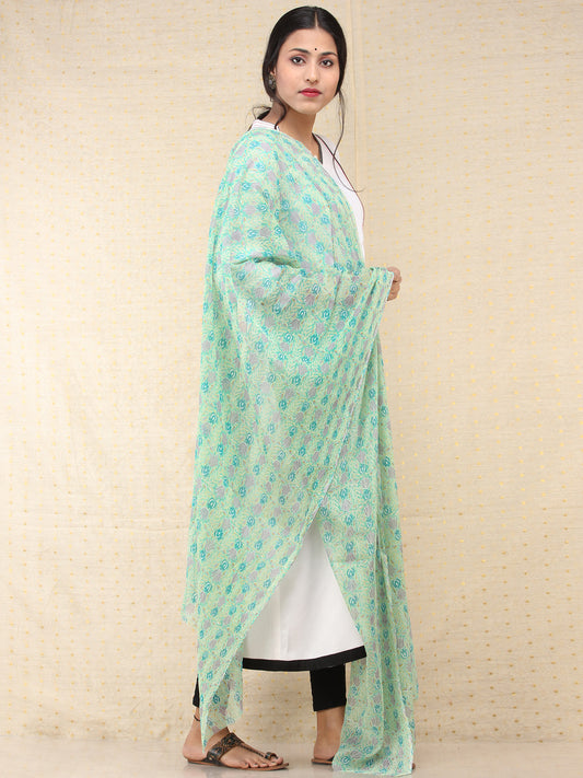 Light Green Blue Georgette Hand Block Printed Dupatta  - D04170706