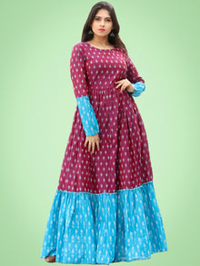 Mohak - Wine Blue Hand Woven Silk Cotton Ikat Tier Dress - D175F1971