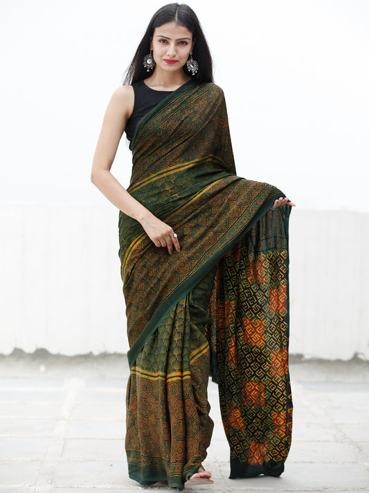 Green Yellow Maroon Ajrakh Hand Block Printed Modal Silk Saree in Natural Colors - S031703714