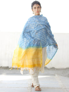 Sky Blue White Yellow Chanderi Hand Block Printed Dupatta - D04170556