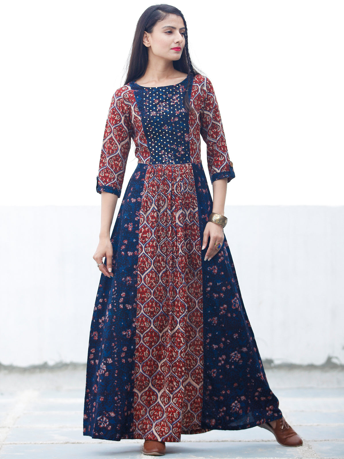 Block Sequence - Hand Block Printed Long Cotton Dress With Embroidery - D349F1807