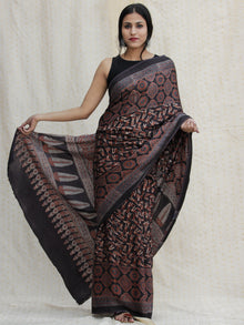Black Red Ivory Indigo Ajrakh Hand Block Printed Modal Silk Saree - S031704133