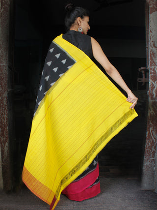 Black Yellow Grey Red Ikat Handwoven Ganga Jamuna Border Cotton Saree - S031703629