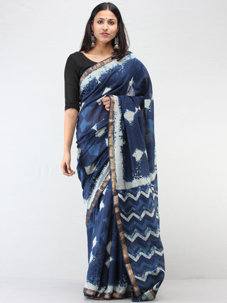 Indigo Ivory Maheshwari  Hand Block Printed Saree With Zari Border - S031704474