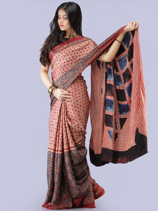 Beige Red Indigo Black Ajrakh Hand Block Printed Modal Silk Saree - S031704259