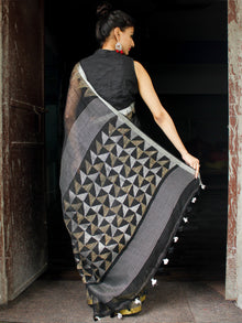 Black Golden Silver Handwoven Linen Jamdani Saree With Temple Border & Tassels - S031704017