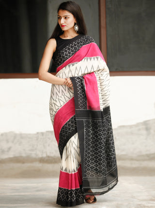White Coral Black Ikat Handwoven Cotton Saree - S031704045