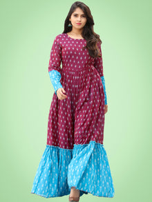 Mohak - Wine Blue Hand Woven Silk Cotton Ikat Tier Dress - D175F1971