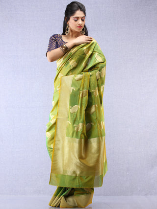 Banarasee Art Silk Saree With Bird Motif - Green & Gold - S031704327