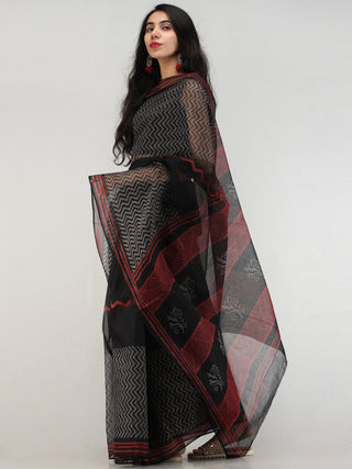 Black Red Hand Block Printed Kota Doria Saree In Natural Colors - S031704573