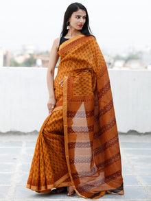 Rust Orange Maroon Black Bagh Hand Block Printed Maheswari Silk Saree With Resham Border - S031703844