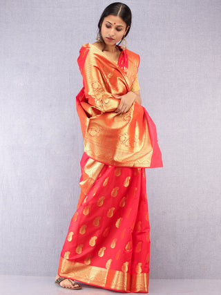 Banarasee Semi Silk Saree With Zari Work - Red & Gold - S031704374