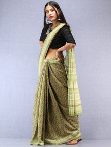 Light Green Ivory Chanderi Hand Block Printed Saree With Geecha Border - S031704499