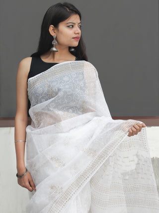 White Golden  Hand Block Printed Kota Doria Saree  - S031704091