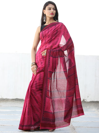 Pink Red Black Bagh Hand Block Printed Cotton Saree - S031703891