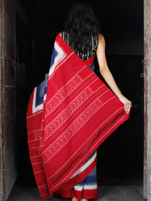 Blue White Red Double Ikat Handwoven Cotton Saree - S031703530