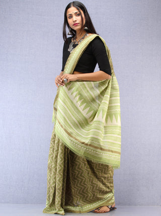 Light Green Ivory Chanderi Hand Block Printed Saree With Geecha Border - S031704499