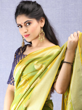 Banarasee Art Silk Saree With Bird Motif - Green & Gold - S031704327