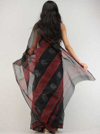 Black Red Hand Block Printed Kota Doria Saree In Natural Colors - S031704573