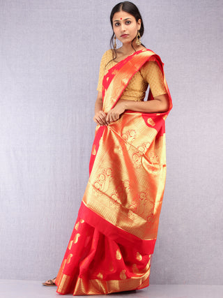 Banarasee Semi Silk Saree With Zari Work - Red & Gold - S031704374