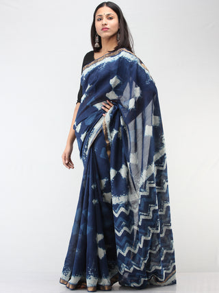 Indigo Ivory Maheshwari  Hand Block Printed Saree With Zari Border - S031704474