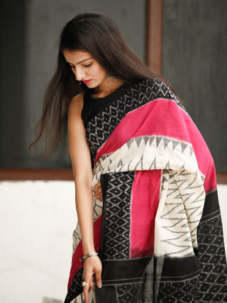 White Coral Black Ikat Handwoven Cotton Saree - S031704045