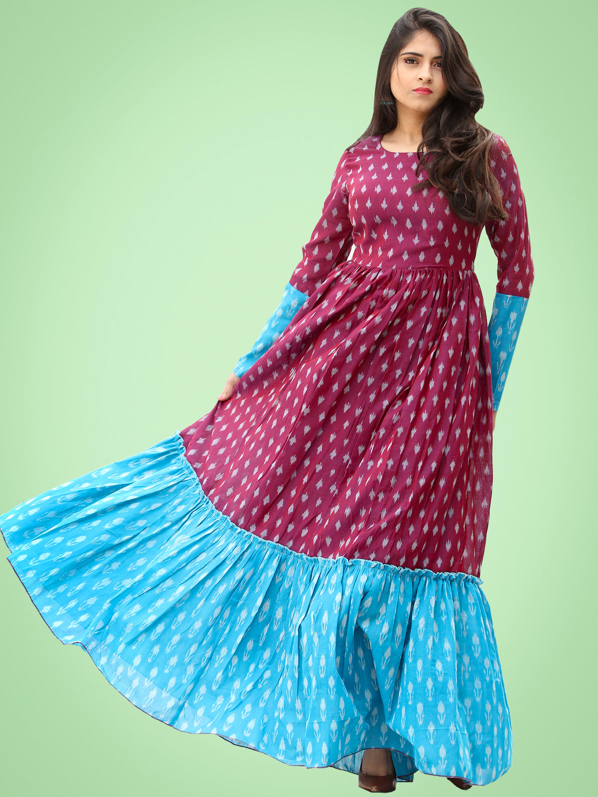 Mohak - Wine Blue Hand Woven Silk Cotton Ikat Tier Dress - D175F1971