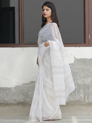 White Golden  Hand Block Printed Kota Doria Saree  - S031704091