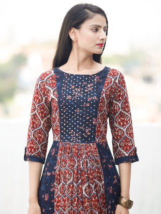 Block Sequence - Hand Block Printed Long Cotton Dress With Embroidery - D349F1807