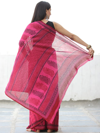 Pink Red Black Bagh Hand Block Printed Cotton Saree - S031703891
