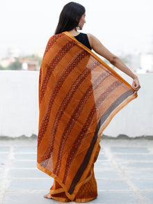 Rust Orange Maroon Black Bagh Hand Block Printed Maheswari Silk Saree With Resham Border - S031703844