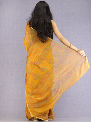 Mustard Red Green Hand Block Printed Chiffon Saree with Zari Border - S031704603