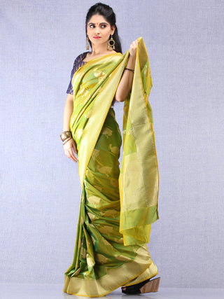 Banarasee Art Silk Saree With Bird Motif - Green & Gold - S031704327