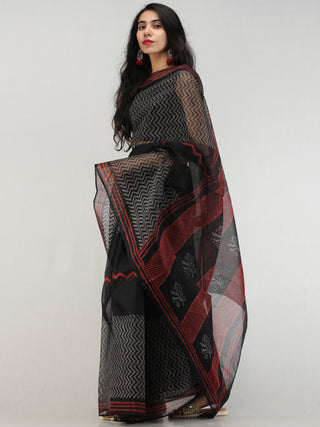 Black Red Hand Block Printed Kota Doria Saree In Natural Colors - S031704573