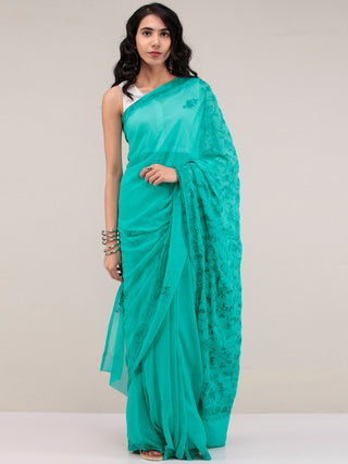 Green Aari Embroidered Georgette Saree From Kashmir - S031704643