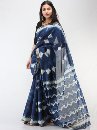 Indigo Ivory Maheshwari  Hand Block Printed Saree With Zari Border - S031704474