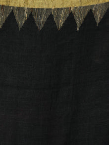 Black Golden Silver Handwoven Linen Jamdani Saree With Temple Border & Tassels - S031704017