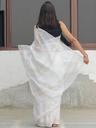 White Golden  Hand Block Printed Kota Doria Saree  - S031704091