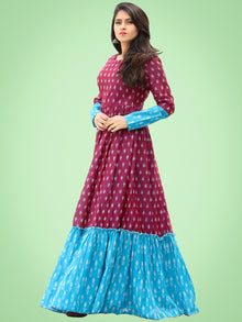 Mohak - Wine Blue Hand Woven Silk Cotton Ikat Tier Dress - D175F1971