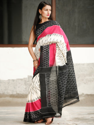 White Coral Black Ikat Handwoven Cotton Saree - S031704045