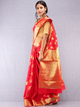 Banarasee Semi Silk Saree With Zari Work - Red & Gold - S031704374