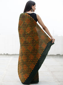 Green Yellow Maroon Ajrakh Hand Block Printed Modal Silk Saree in Natural Colors - S031703714