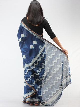 Indigo Ivory Maheshwari  Hand Block Printed Saree With Zari Border - S031704474