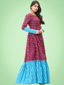 Mohak - Wine Blue Hand Woven Silk Cotton Ikat Tier Dress - D175F1971