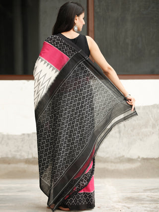 White Coral Black Ikat Handwoven Cotton Saree - S031704045