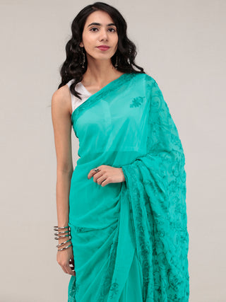 Green Aari Embroidered Georgette Saree From Kashmir - S031704643