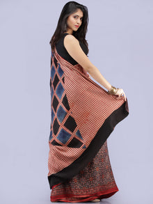 Beige Red Indigo Black Ajrakh Hand Block Printed Modal Silk Saree - S031704259